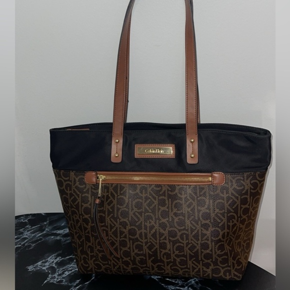 CALVIN KLEIN Handbag Black Brown CK Logo Allover Print Tote Satchel AUTHENTIC